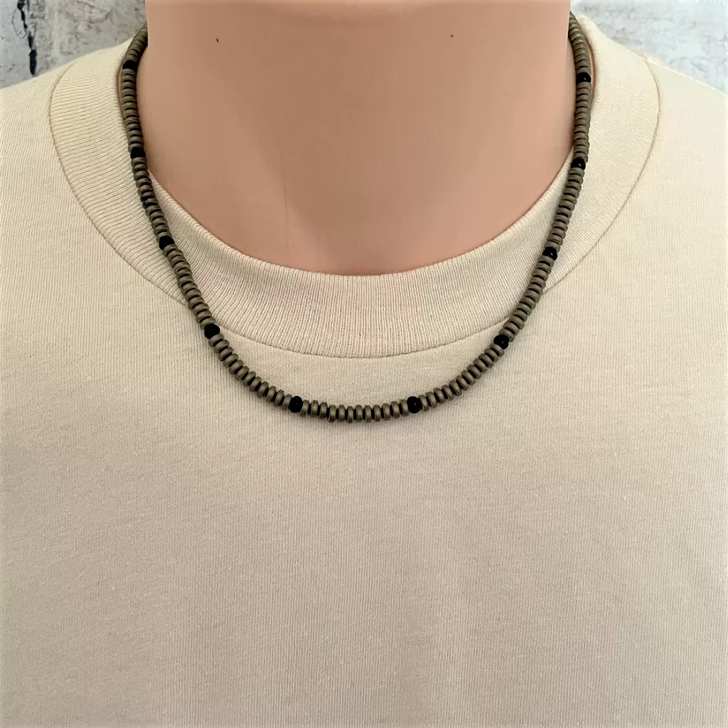 Antique Bronze Matte Hematite Rondelle and Black Toho Beaded Mens Necklace