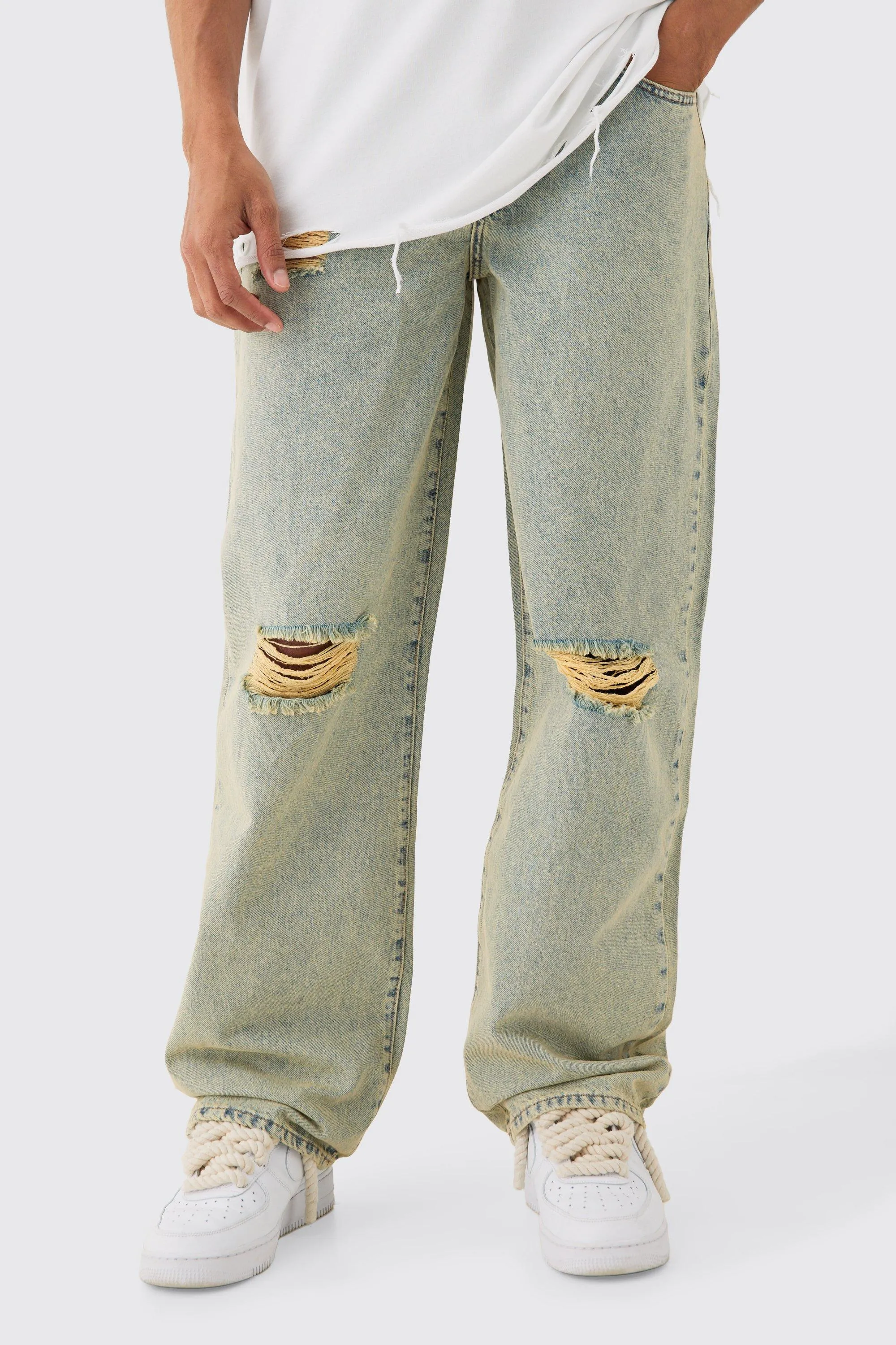 Baggy Rigid Green Tint Ripped Knee Jeans | boohooMAN UK