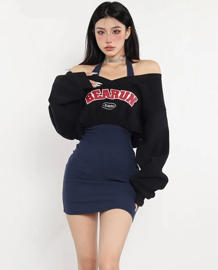 BEARUN Letter Embroidery Black V-Neck Long Sleeve Cropped Sweatshirt Dark Blue Halter Slim Mini Dress Set