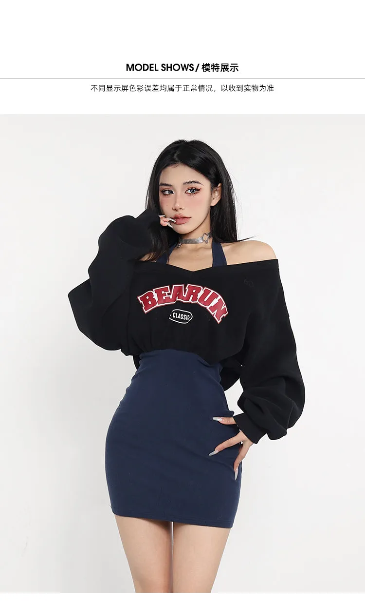 BEARUN Letter Embroidery Black V-Neck Long Sleeve Cropped Sweatshirt Dark Blue Halter Slim Mini Dress Set