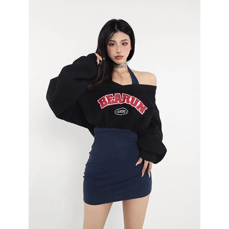 BEARUN Letter Embroidery Black V-Neck Long Sleeve Cropped Sweatshirt Dark Blue Halter Slim Mini Dress Set