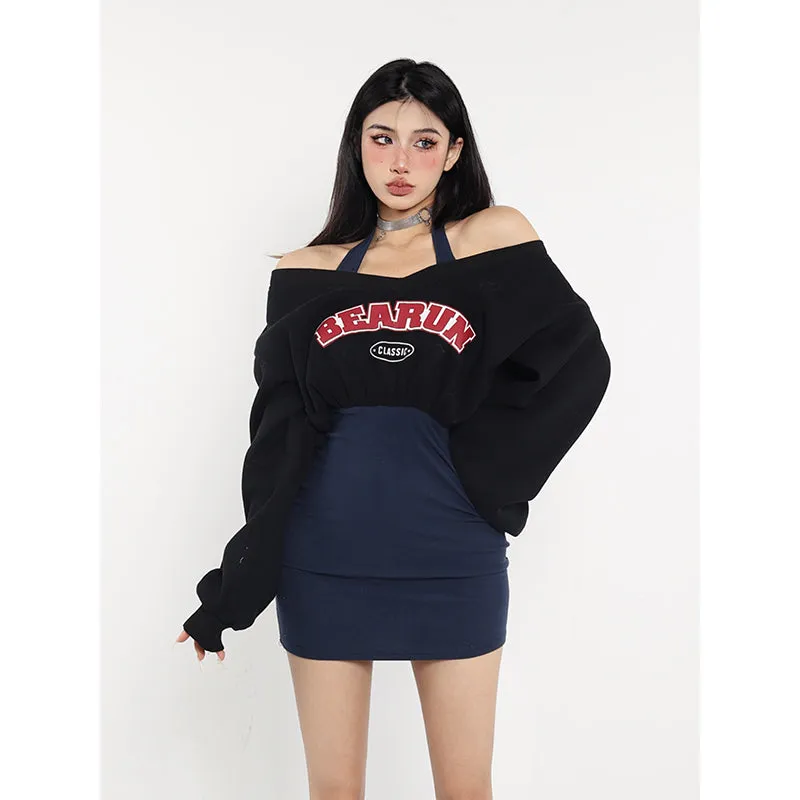 BEARUN Letter Embroidery Black V-Neck Long Sleeve Cropped Sweatshirt Dark Blue Halter Slim Mini Dress Set