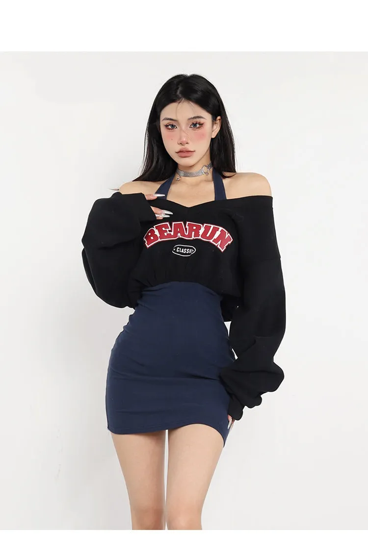 BEARUN Letter Embroidery Black V-Neck Long Sleeve Cropped Sweatshirt Dark Blue Halter Slim Mini Dress Set