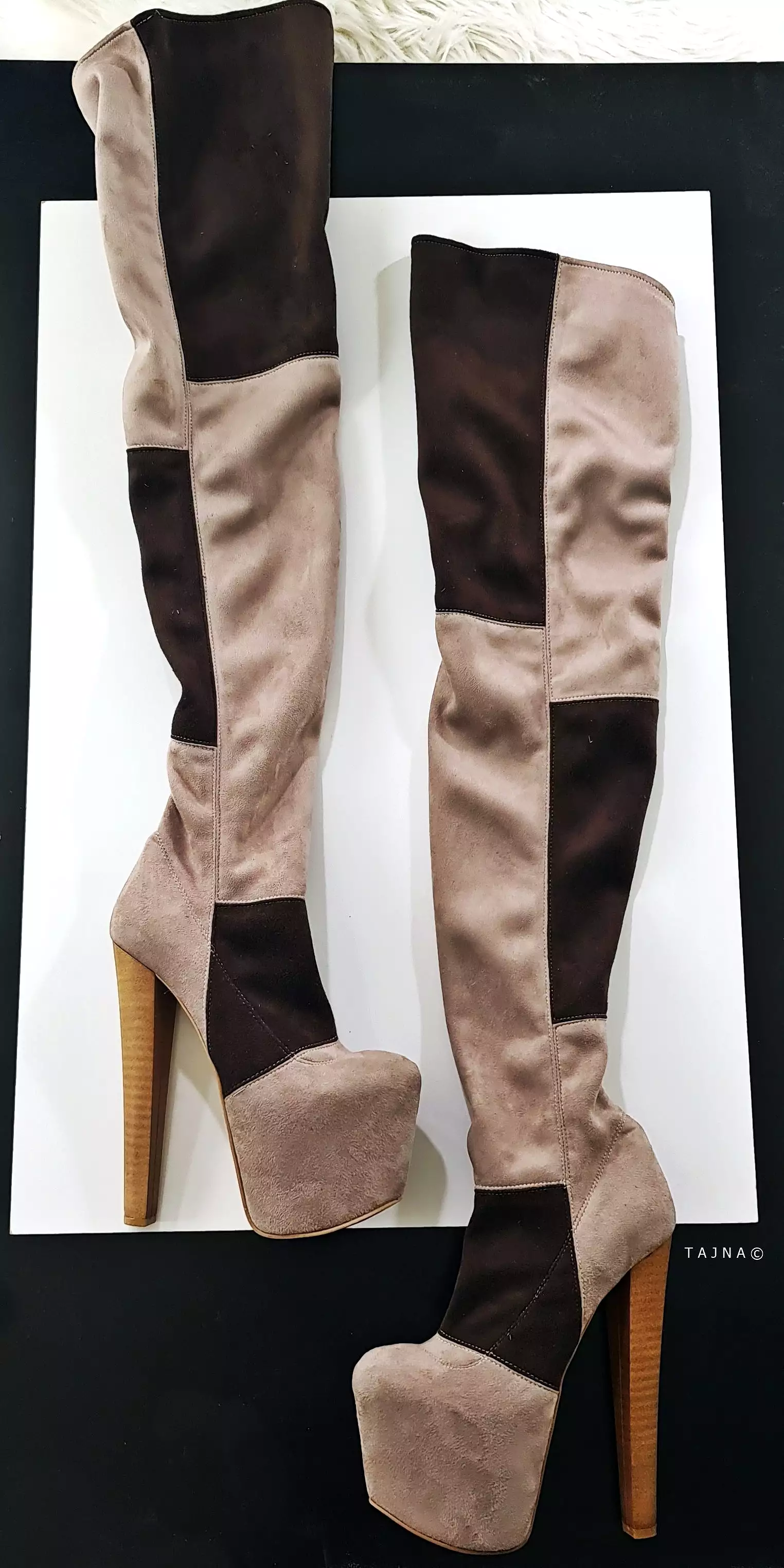 Beige Brown Suede Stretch Thigh High Boots