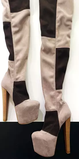 Beige Brown Suede Stretch Thigh High Boots