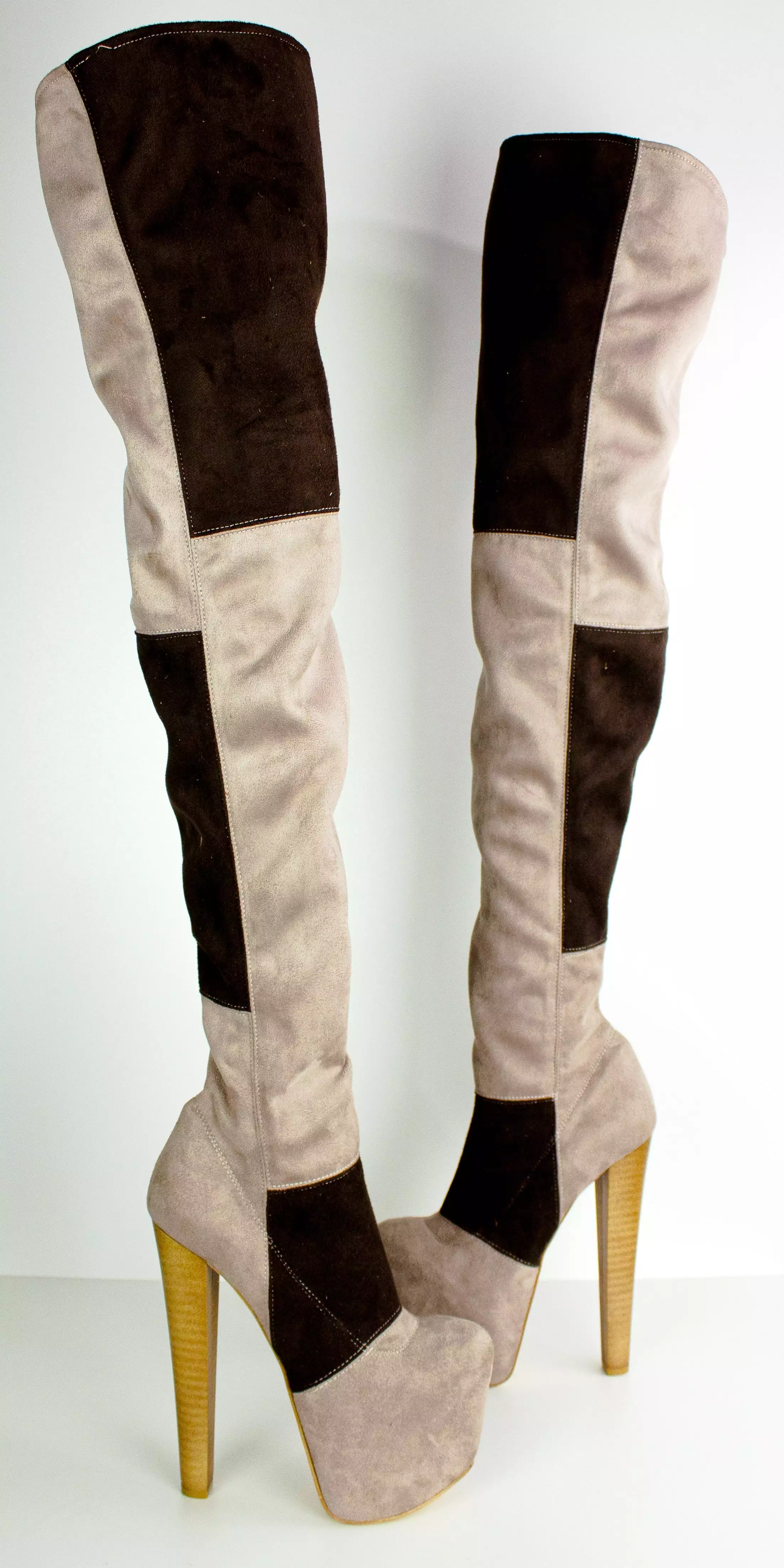 Beige Brown Suede Stretch Thigh High Boots