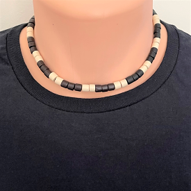 Black and Cream Wood Tube Mens Beaded Necklace