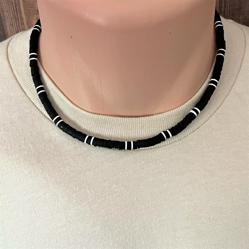 Black and White Polymer Mens Beaded Necklace