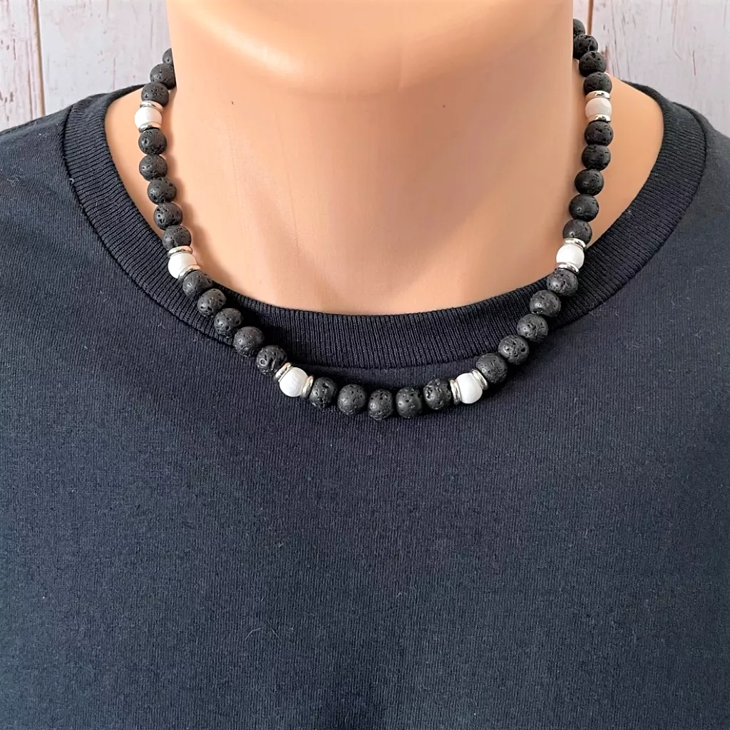 Black Lava and White Wood Mens Beaded Necklace