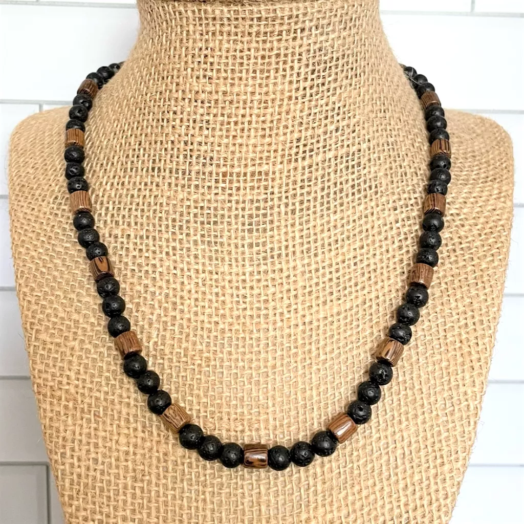 Black Lava and Wood Barrel Mens Beaded Necklace