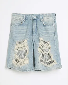 Blue ripped relaxed straight denim shorts