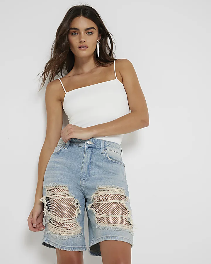 Blue ripped relaxed straight denim shorts