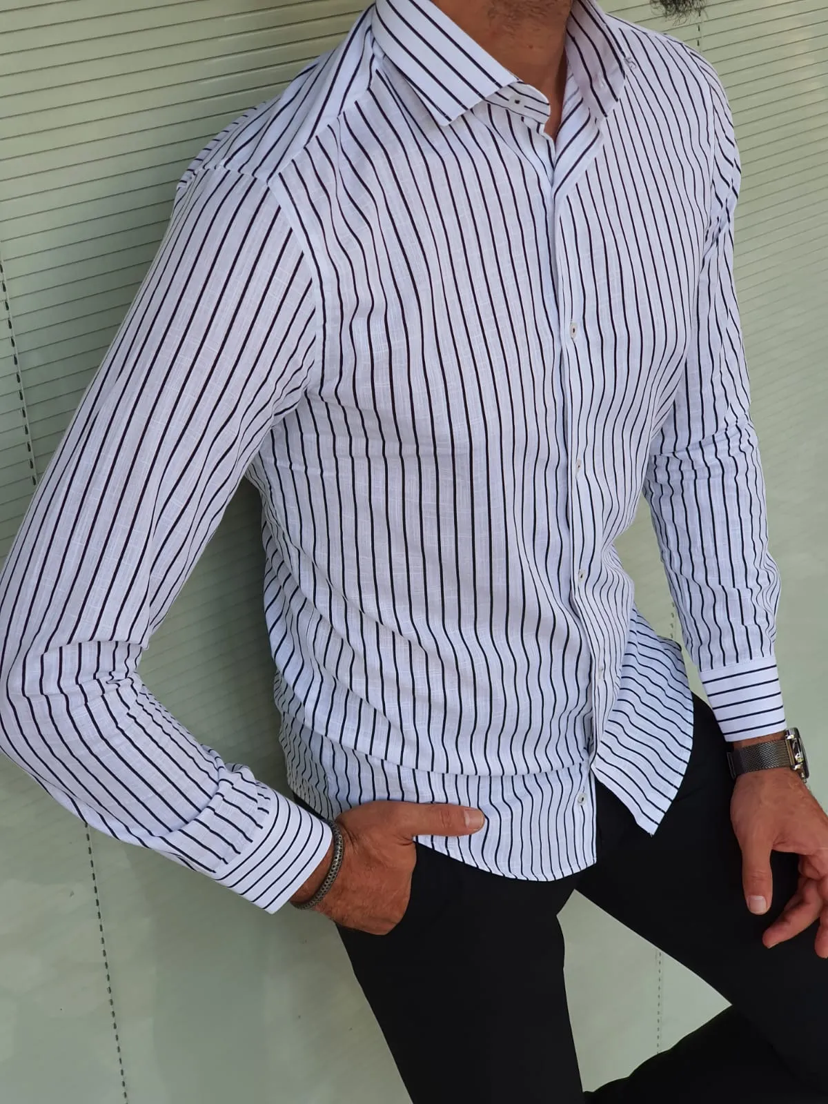 Brabion Berton Black Slim Fit Long Sleeve Striped Cotton Shirt