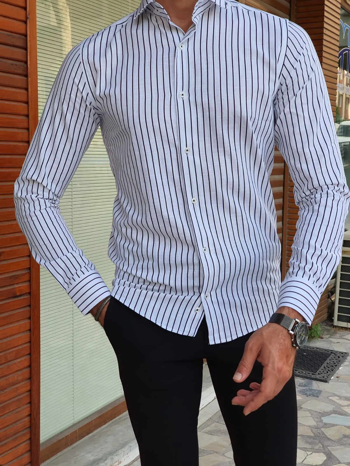 Brabion Berton Black Slim Fit Long Sleeve Striped Cotton Shirt