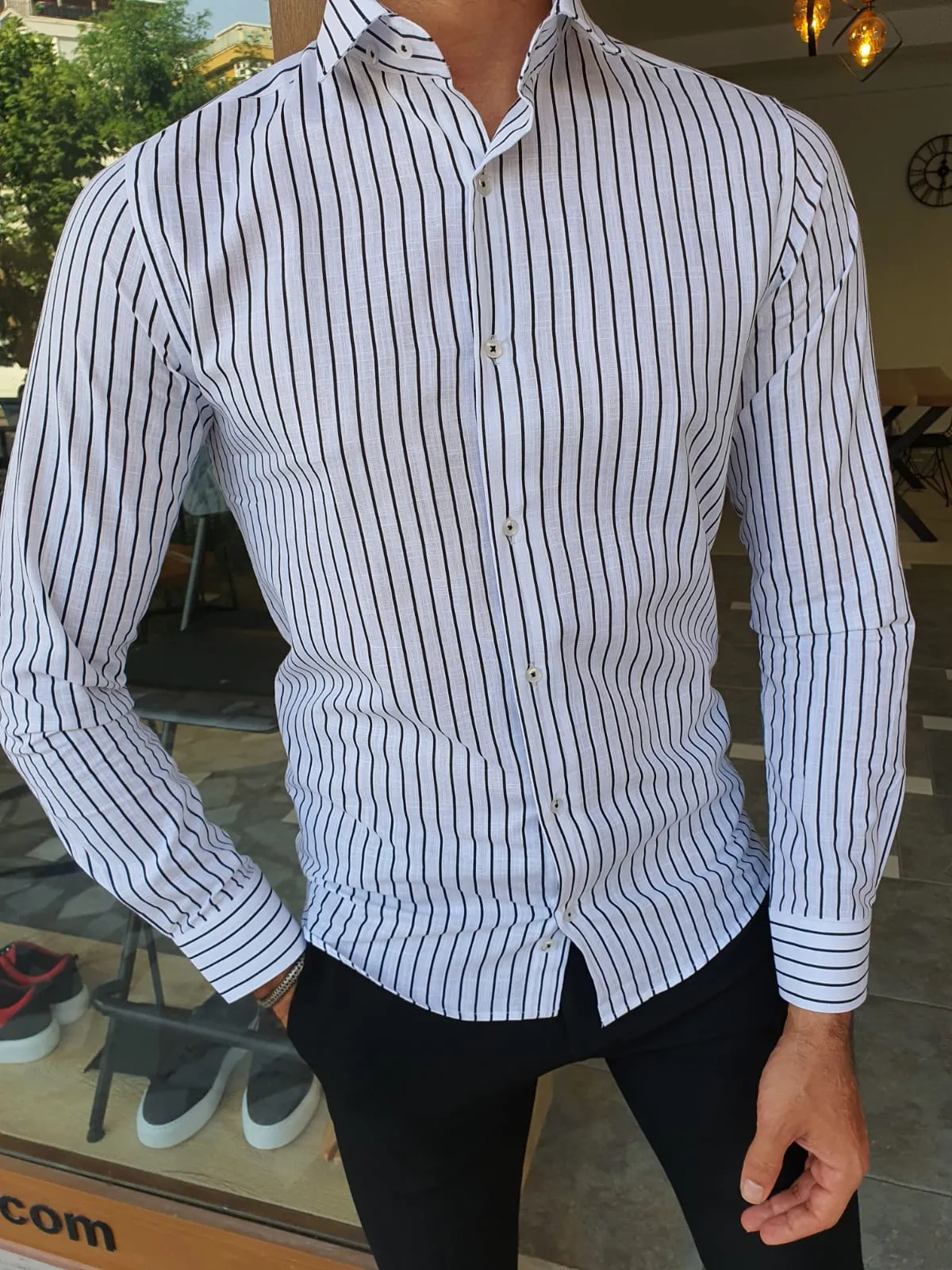 Brabion Berton Black Slim Fit Long Sleeve Striped Cotton Shirt