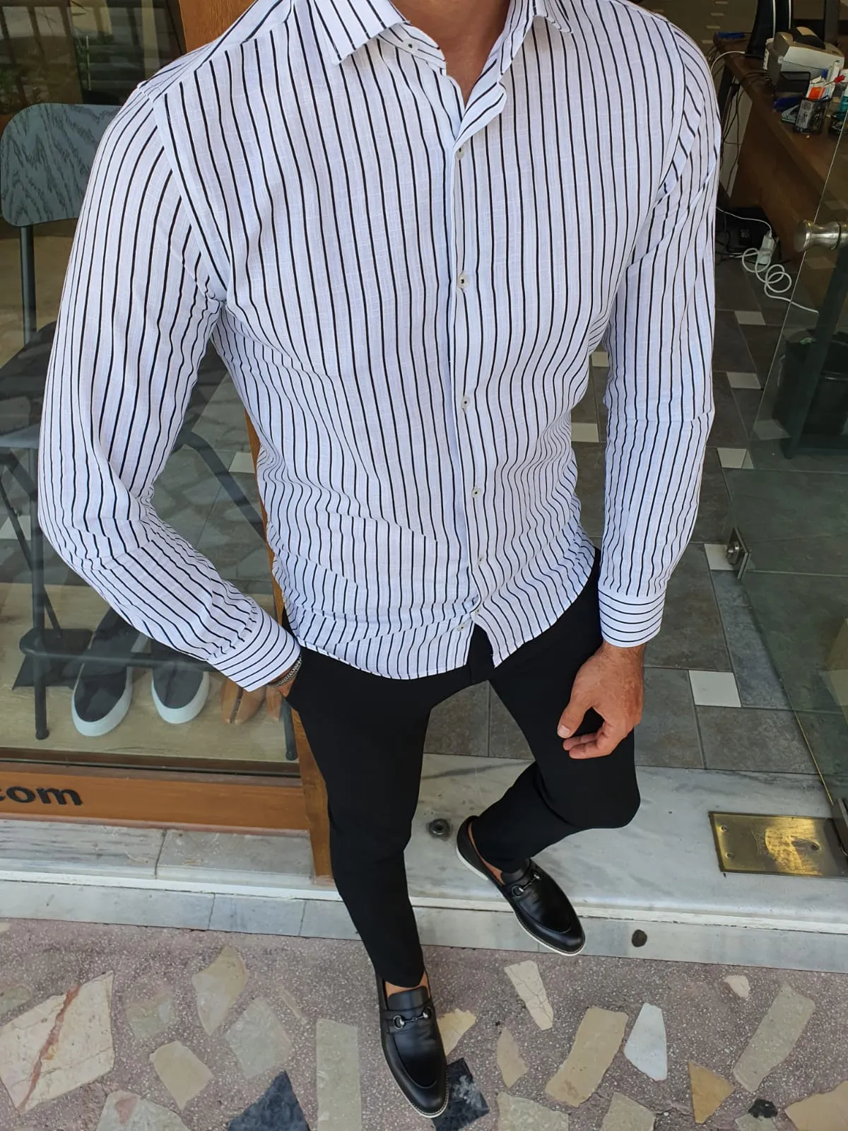 Brabion Berton Black Slim Fit Long Sleeve Striped Cotton Shirt