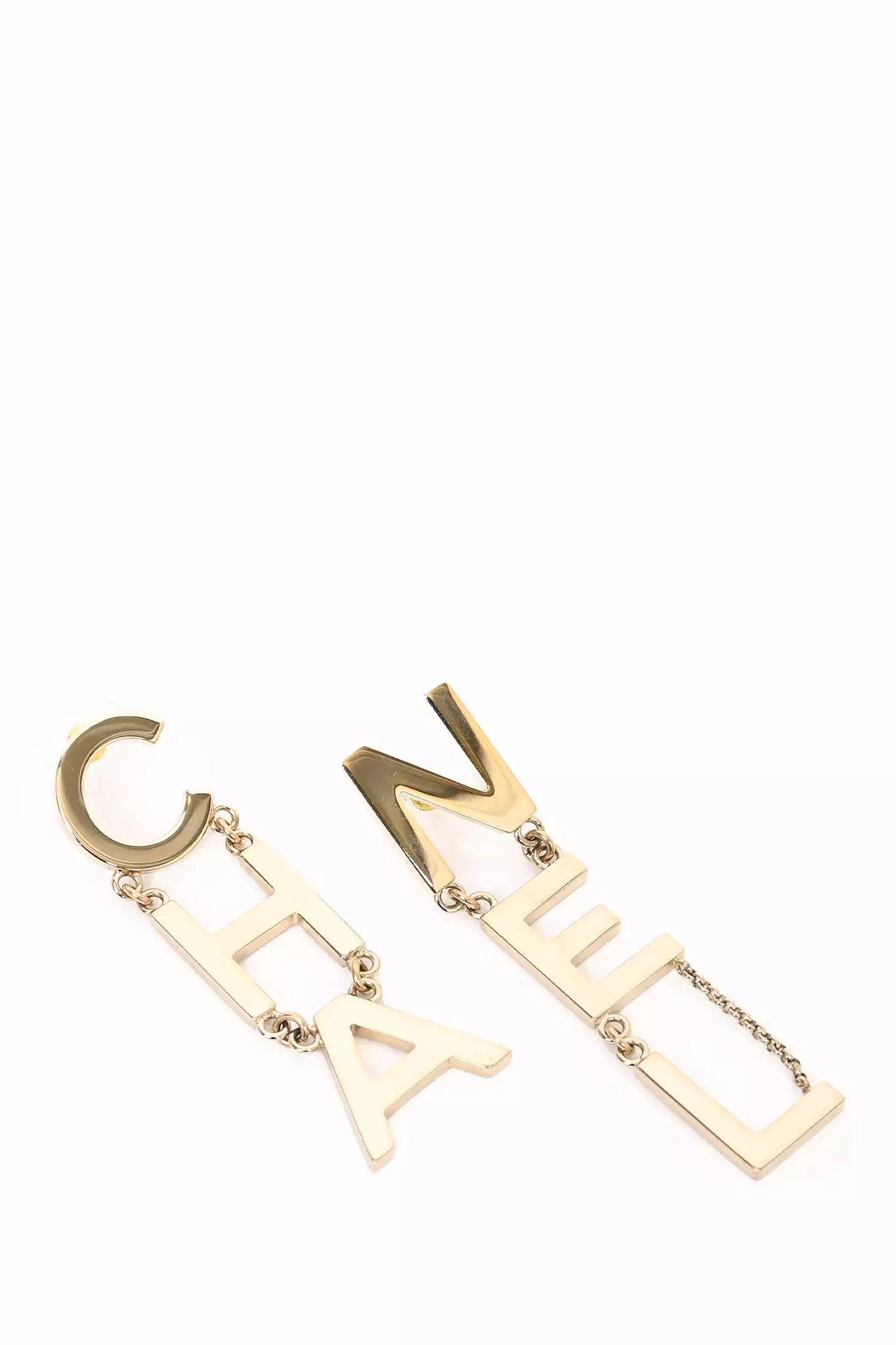 Chanel 2021 Gold Toned 'CHA-NEL' Drop Earrings