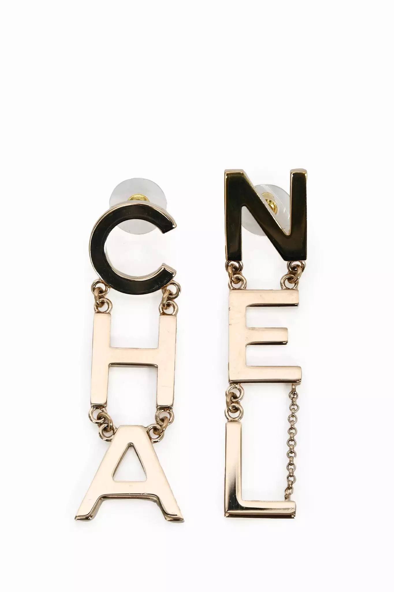 Chanel 2021 Gold Toned 'CHA-NEL' Drop Earrings