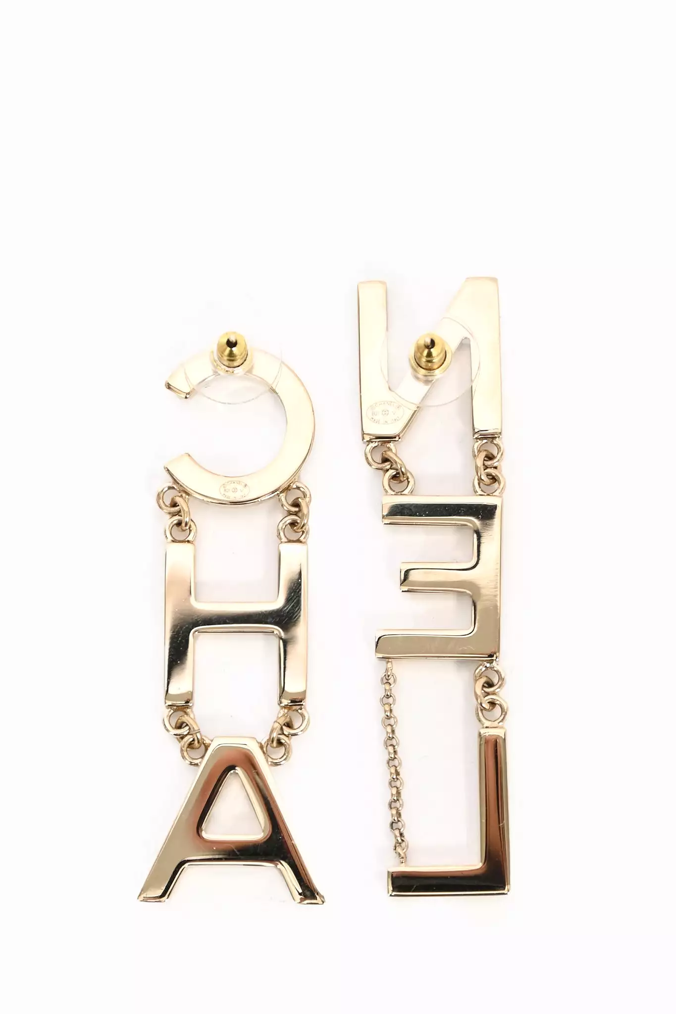 Chanel 2021 Gold Toned 'CHA-NEL' Drop Earrings