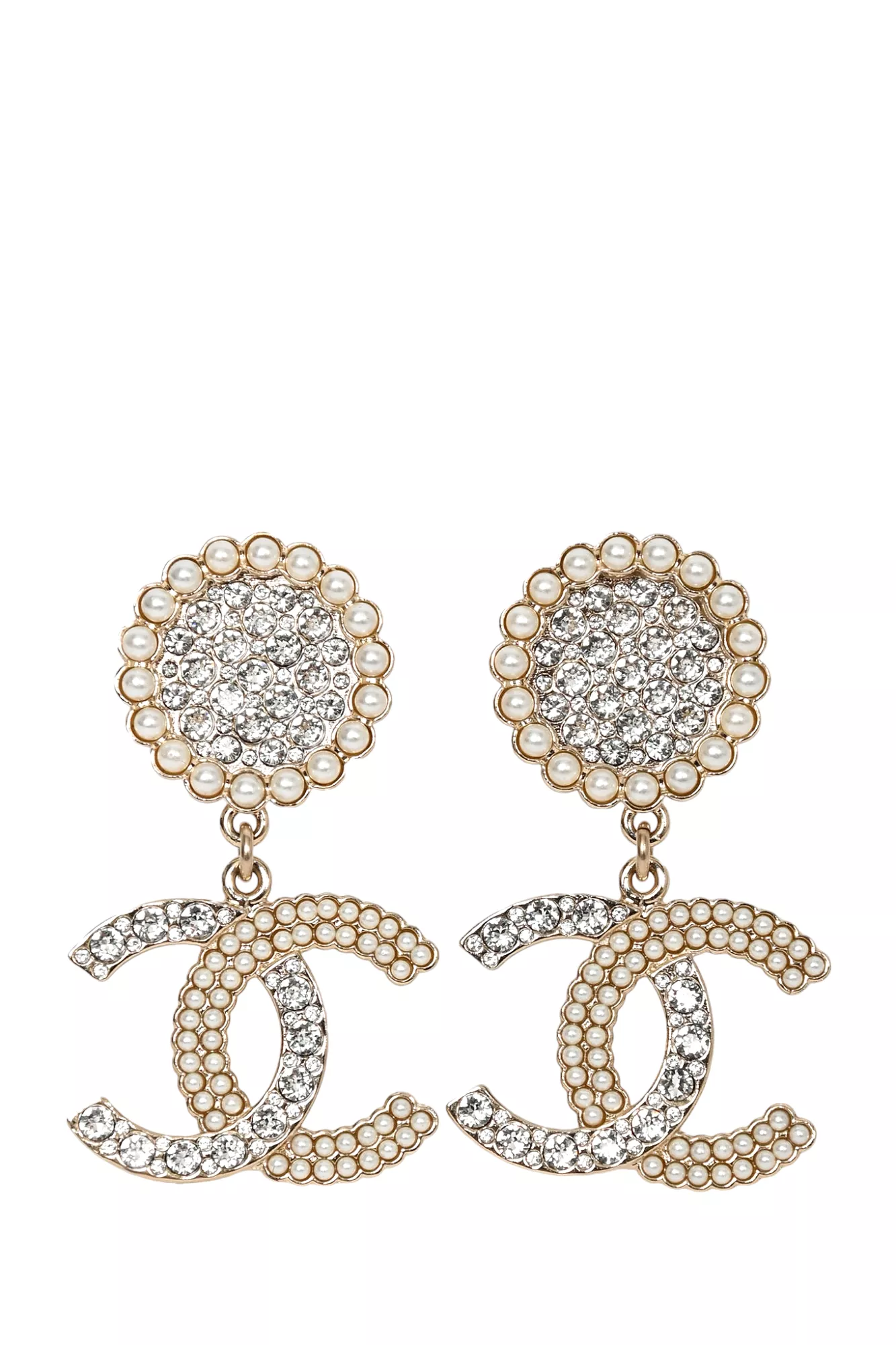 Chanel 2022 Faux Pearl Crystal Embellished Drop CC Earrings