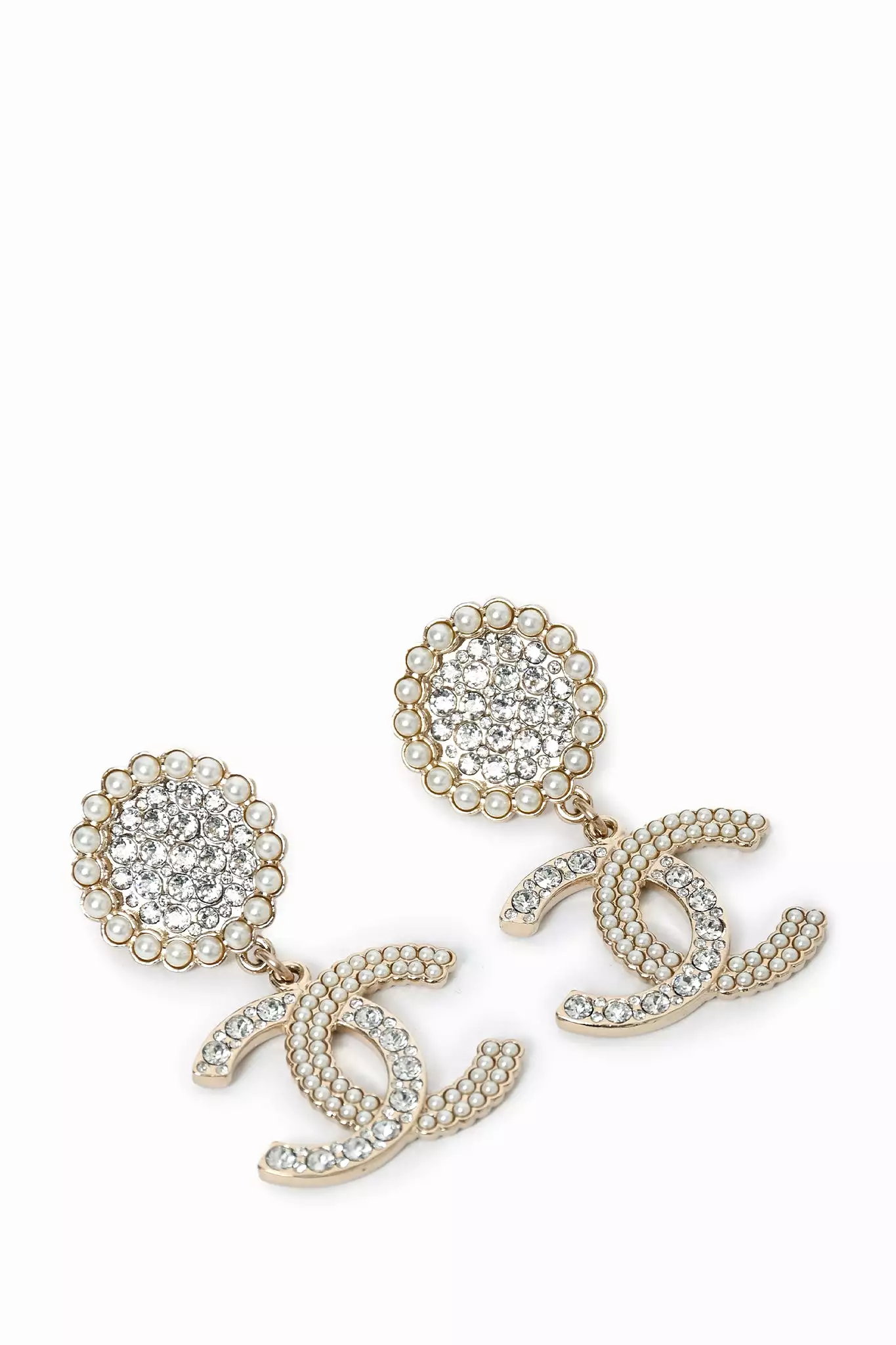 Chanel 2022 Faux Pearl Crystal Embellished Drop CC Earrings