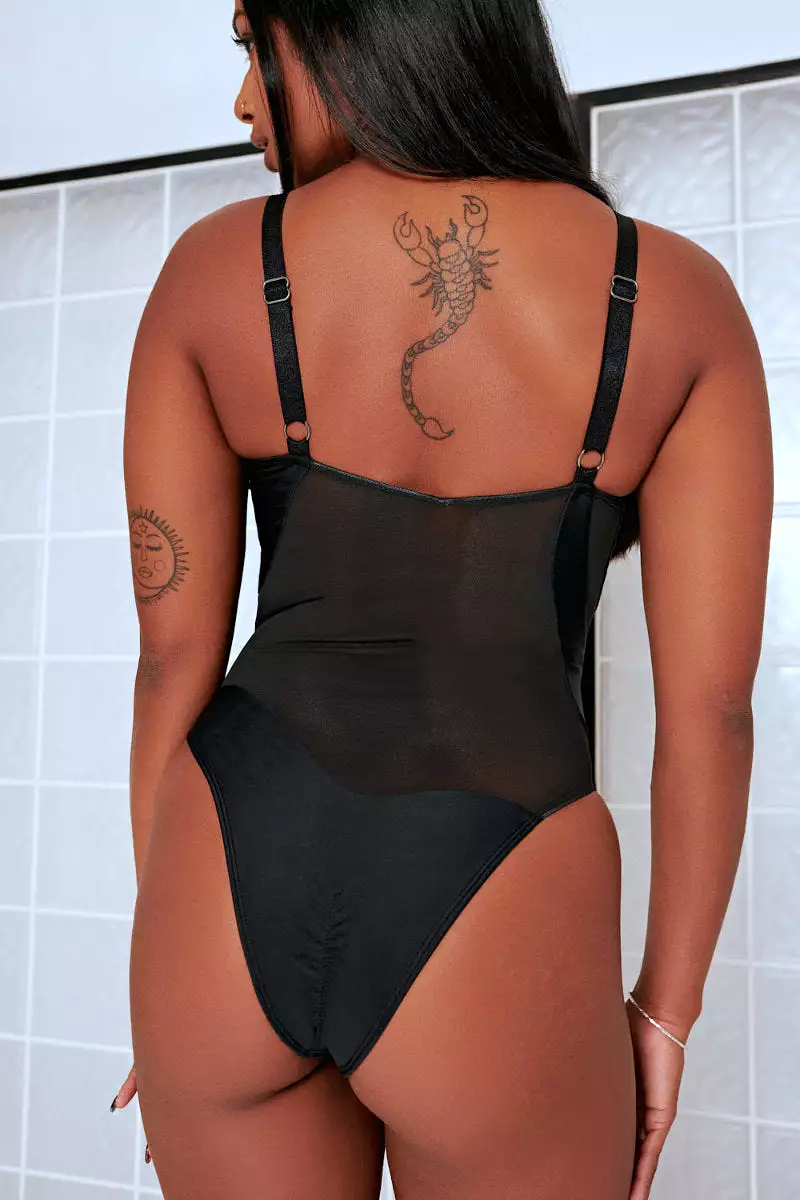 CXIX Silhouette One-Piece Bodysuit - Black with Black Mesh