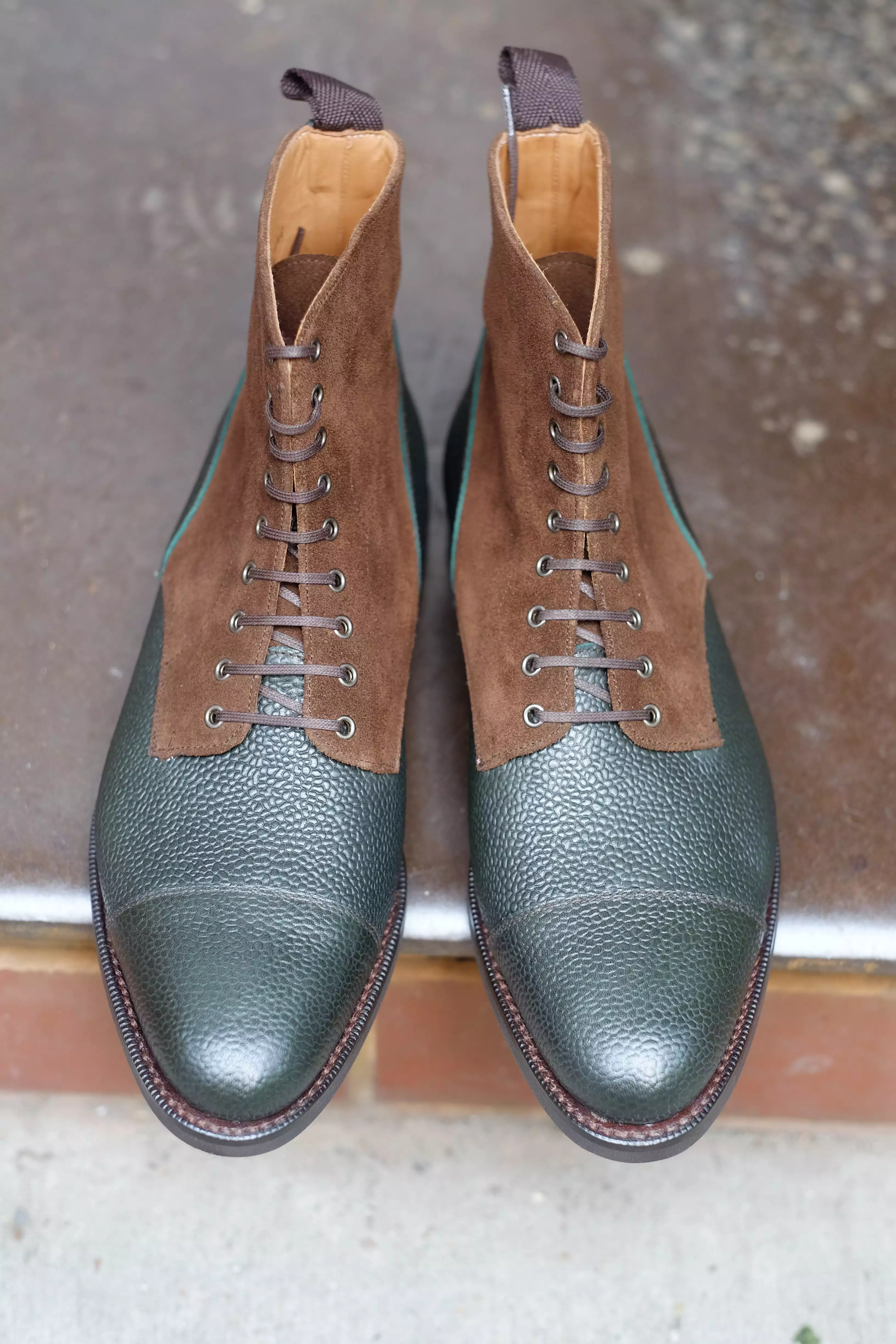 Delridge - MTO - Dark Green Grain / Dark Brown Suede - Aged Silver Eyelets (No Speedhooks)- TMG Last - Rugged Rubber Sole