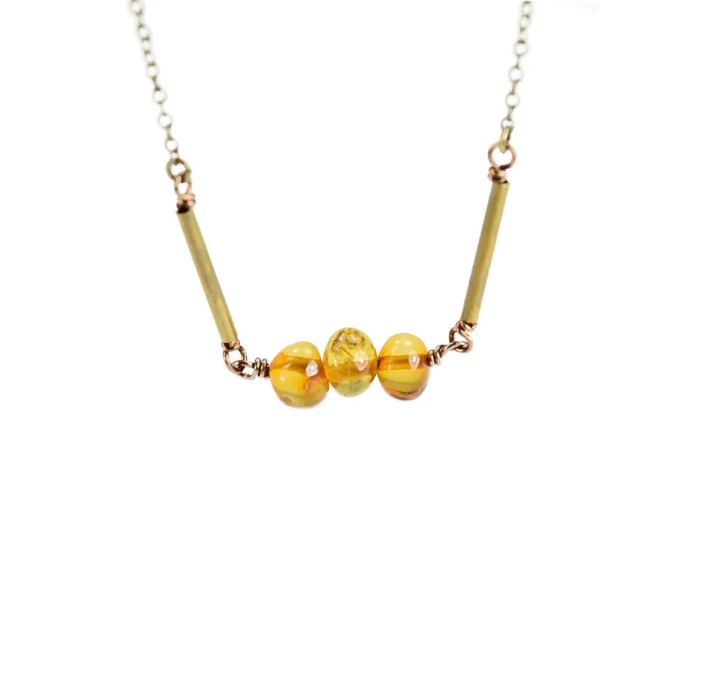 Edgy Petal - Necklace - Honey Bar - Triple Baltic Amber and Raw Brass