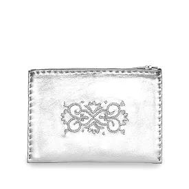 Embroidered Leather Pouch in Silver