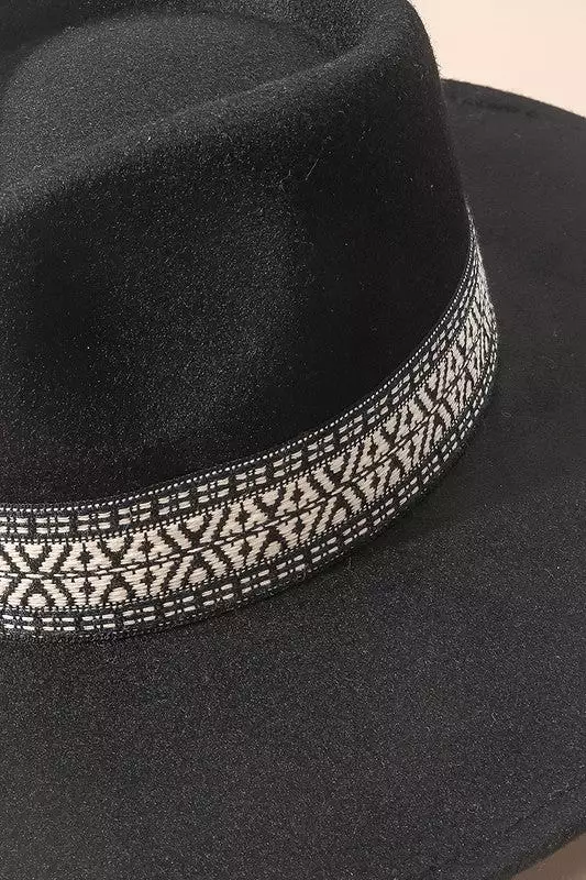 Flat Brim Boho Pattern Band Fedora Hat - Black