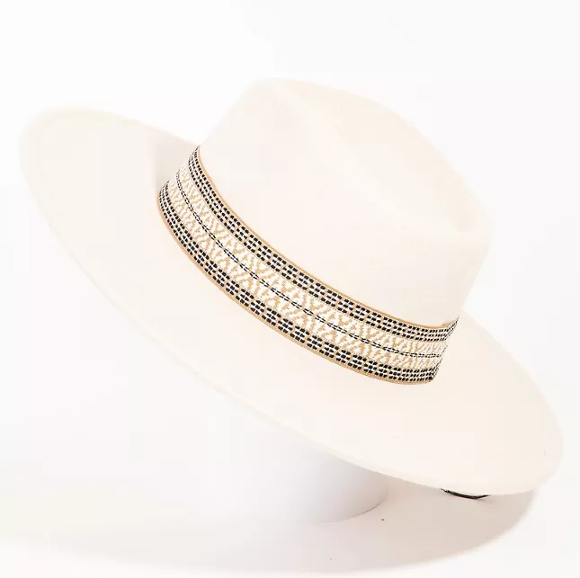 Flat Brim Boho Pattern Band Fedora Hat - Ivory