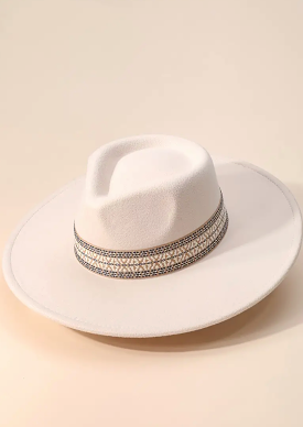 Flat Brim Boho Pattern Band Fedora Hat - Ivory