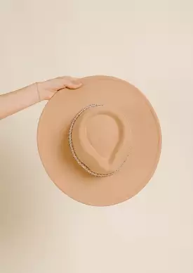 Flat Brim Boho Pattern Band Fedora Hat - Tan