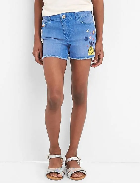 GAP Girls Blue Embroidery Shorty Shorts With High Stretch