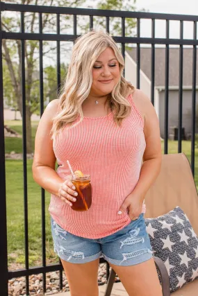 Glorious Stripes Ribbed Tank- Coral