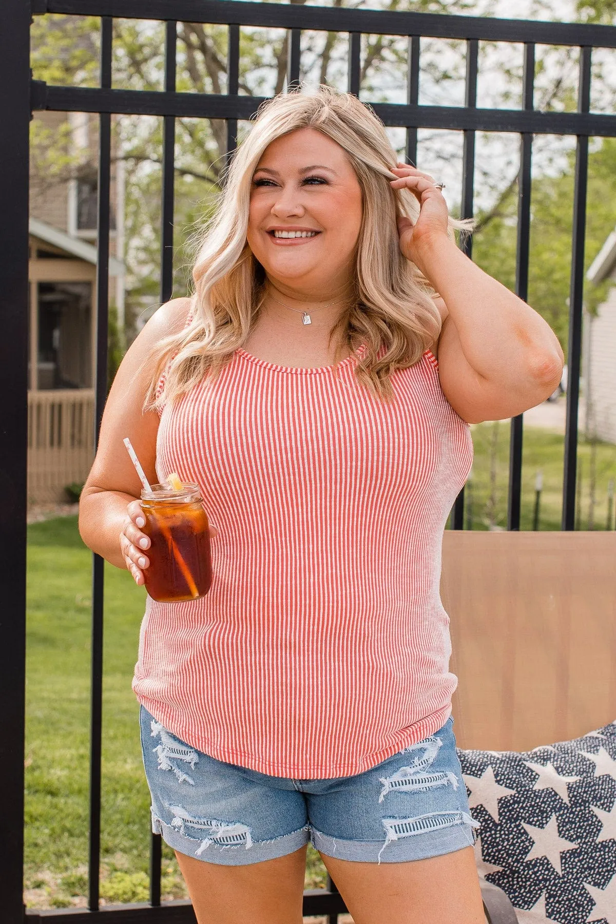 Glorious Stripes Ribbed Tank- Coral