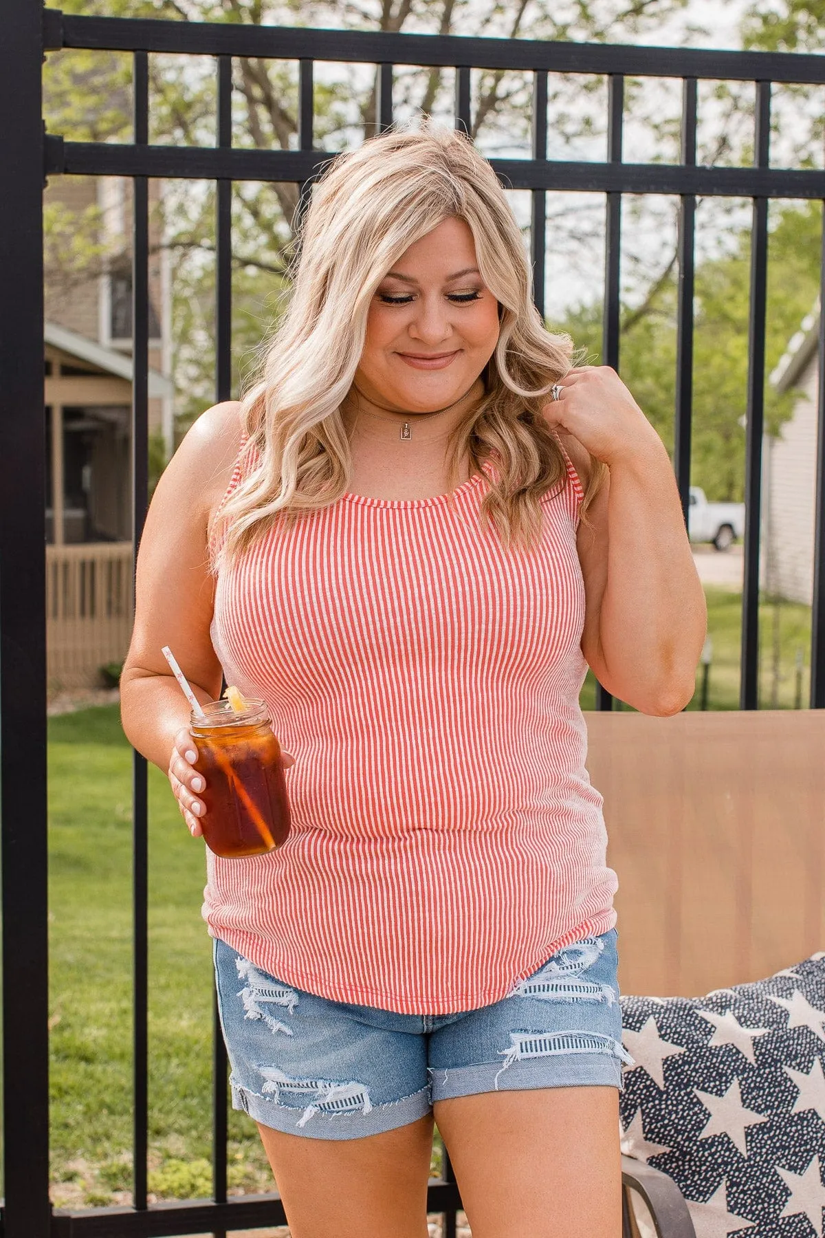 Glorious Stripes Ribbed Tank- Coral