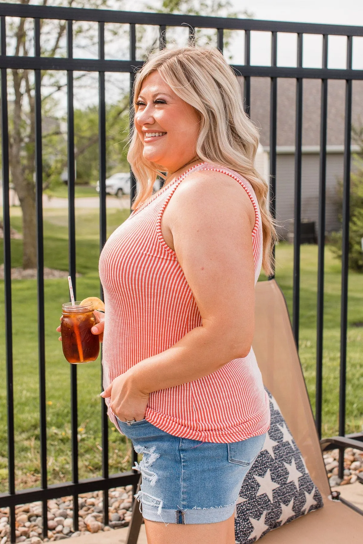 Glorious Stripes Ribbed Tank- Coral