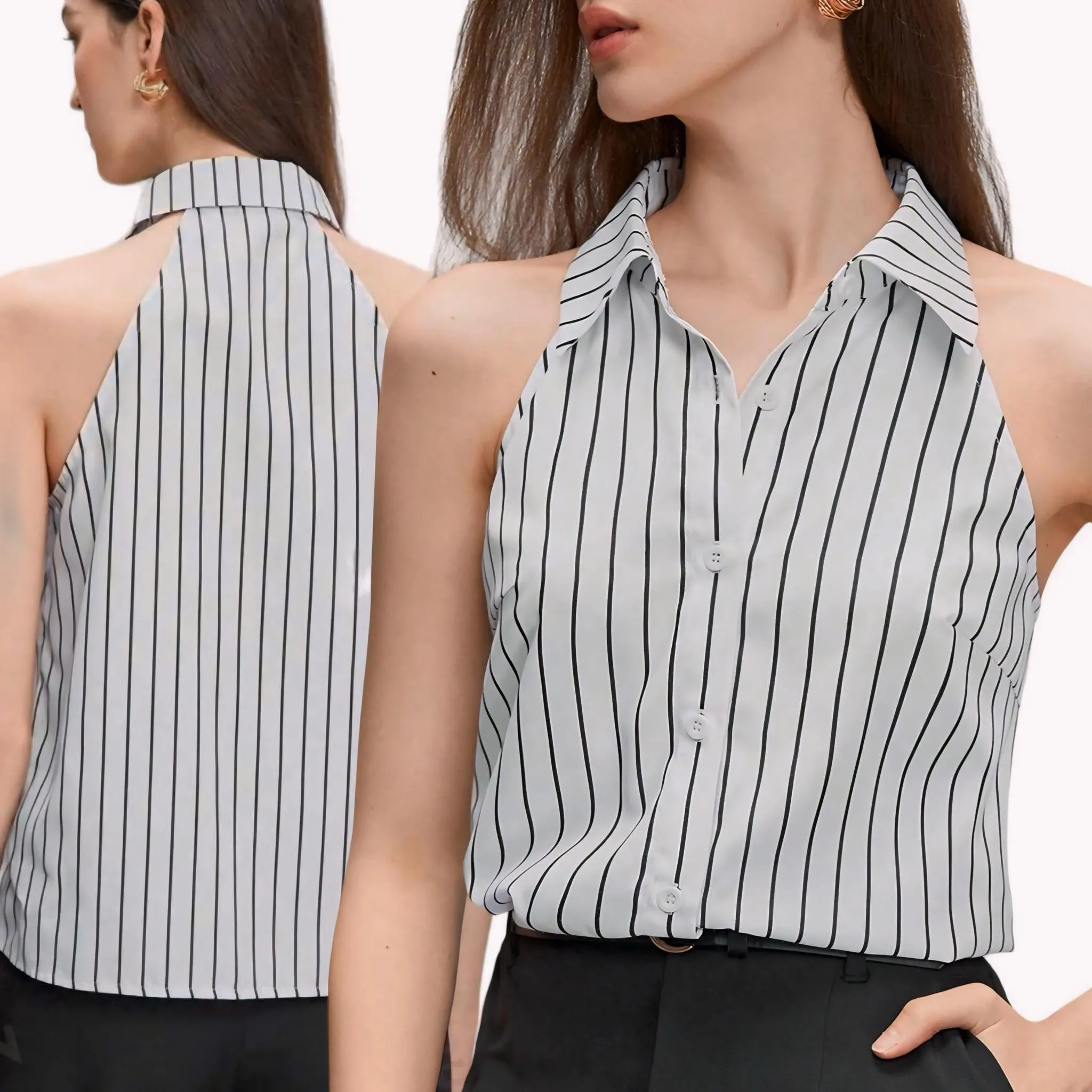 HAMPTONS Stripe Halter Collared Shirt Top