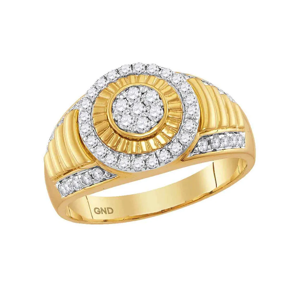 Keene Jewelers 10kt Yellow Gold Mens Round Diamond Cluster Concentric Circle Ribbed Ring 3/4 Cttw