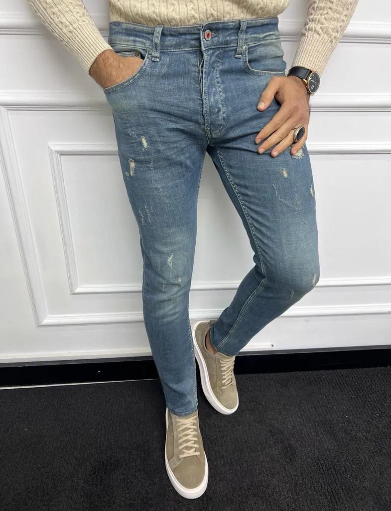 Leon Slim Fit Ripped Blue Lycra Jeans