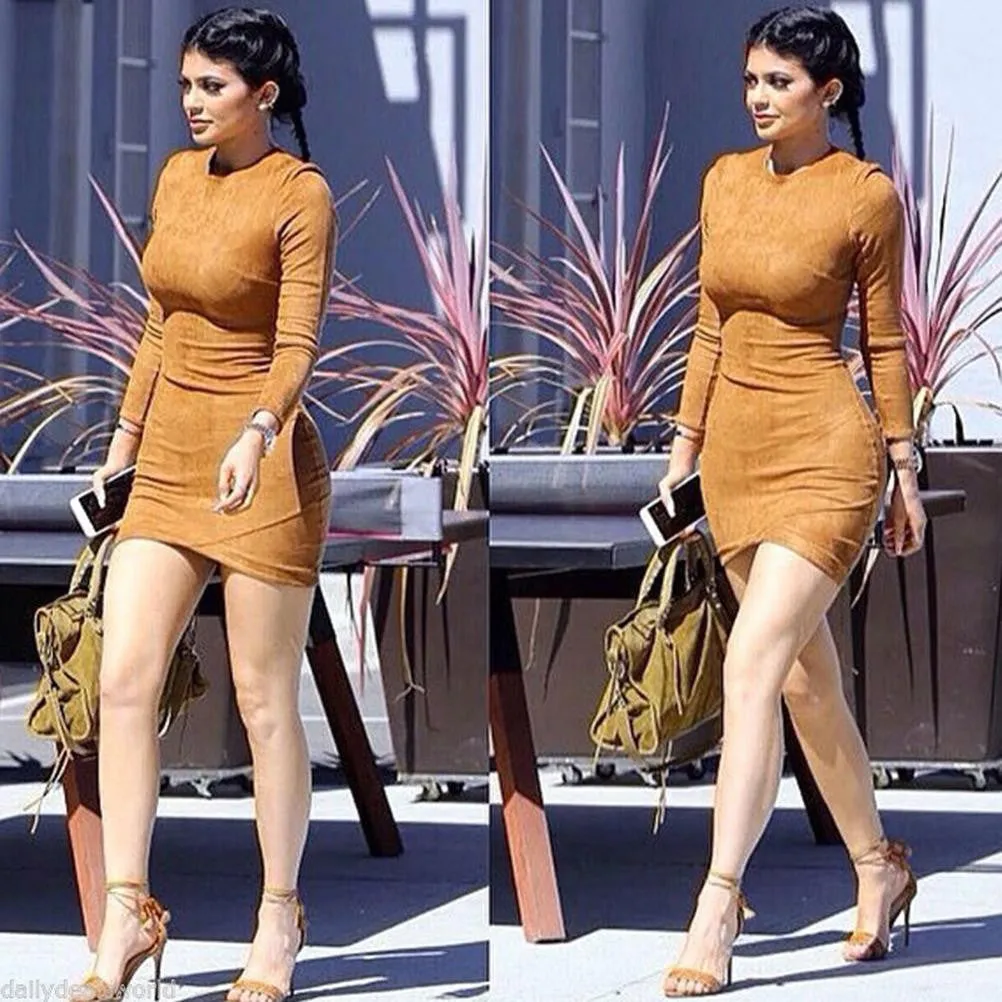 Long Sleeve Slim Party Dress Sexy Club Brown Vestido Women Dresses Kylie Jenner Skin Tight Faux Suede Bodycon Dress SM6