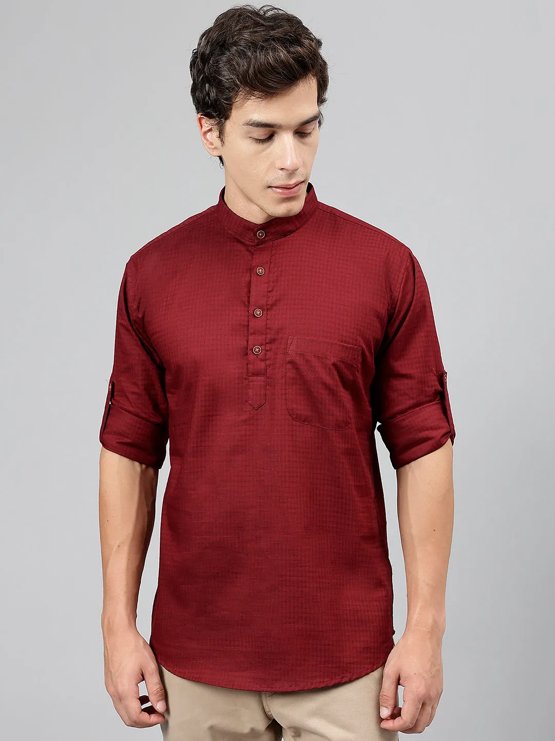 Men Burgundy Self Design Pure Cotton Roll Up Sleeve Slim Fit Casual Kurta