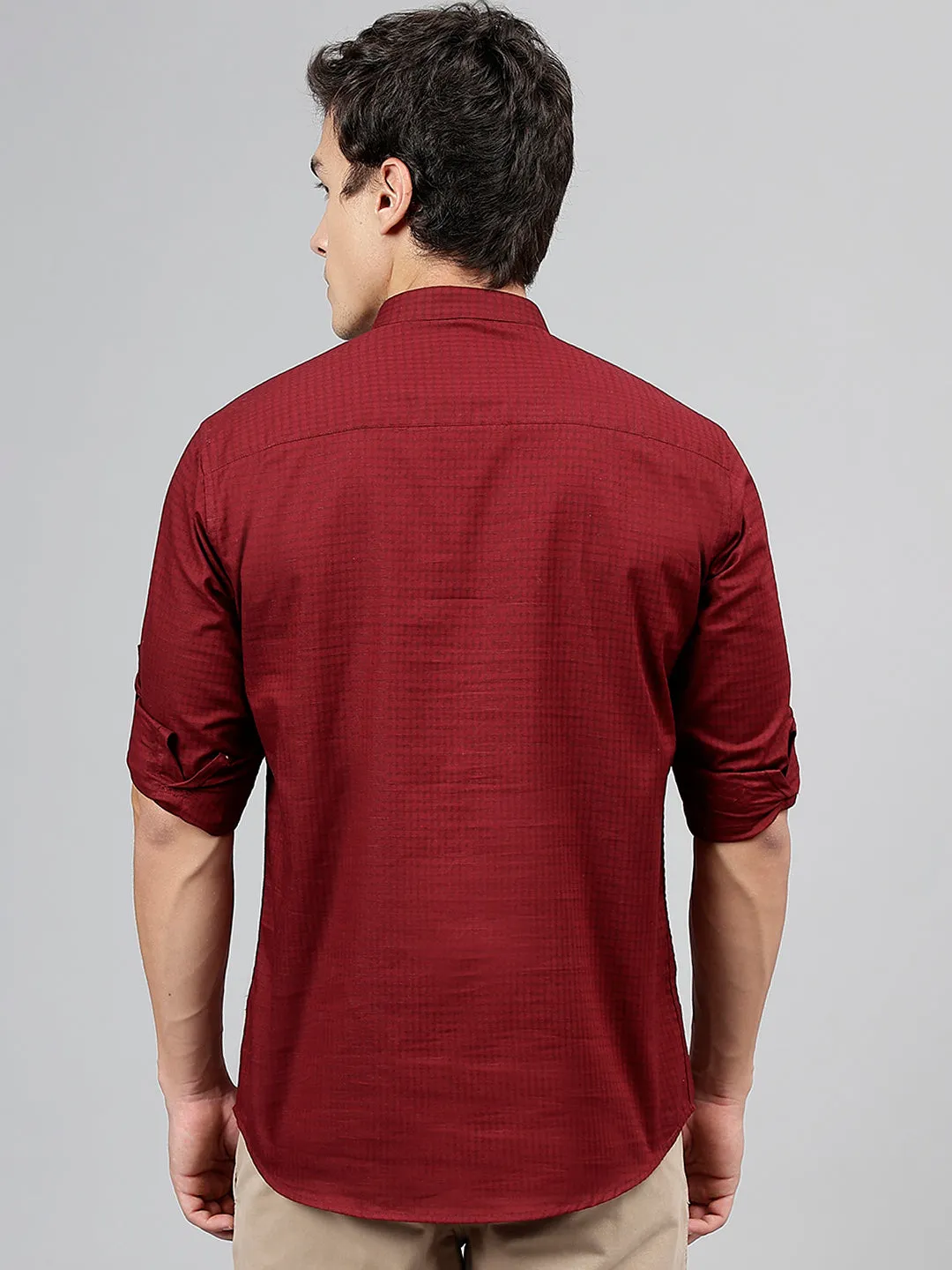 Men Burgundy Self Design Pure Cotton Roll Up Sleeve Slim Fit Casual Kurta