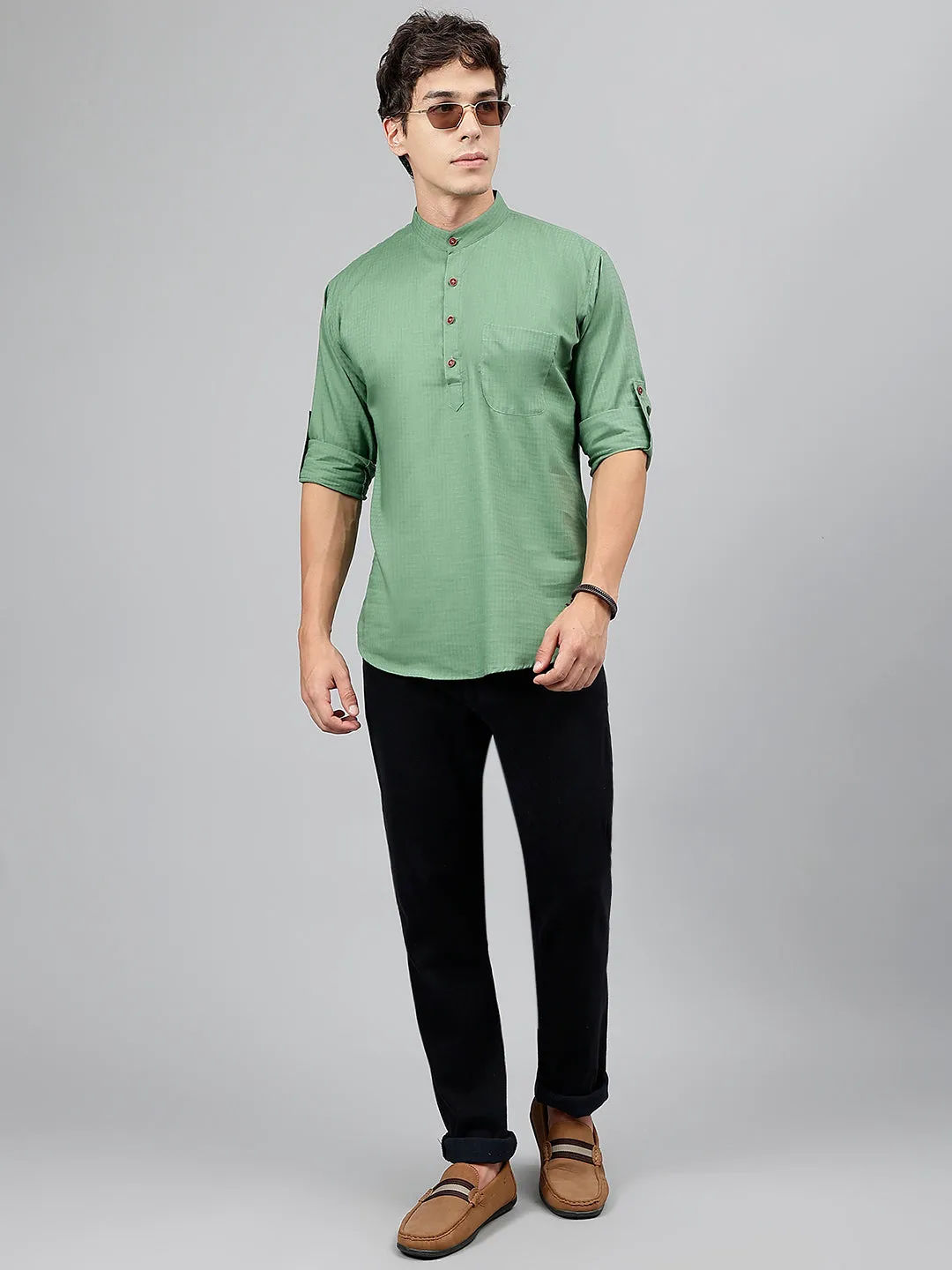 Men Green Self Design Pure Cotton Roll Up Sleeve Slim Fit Casual Kurta