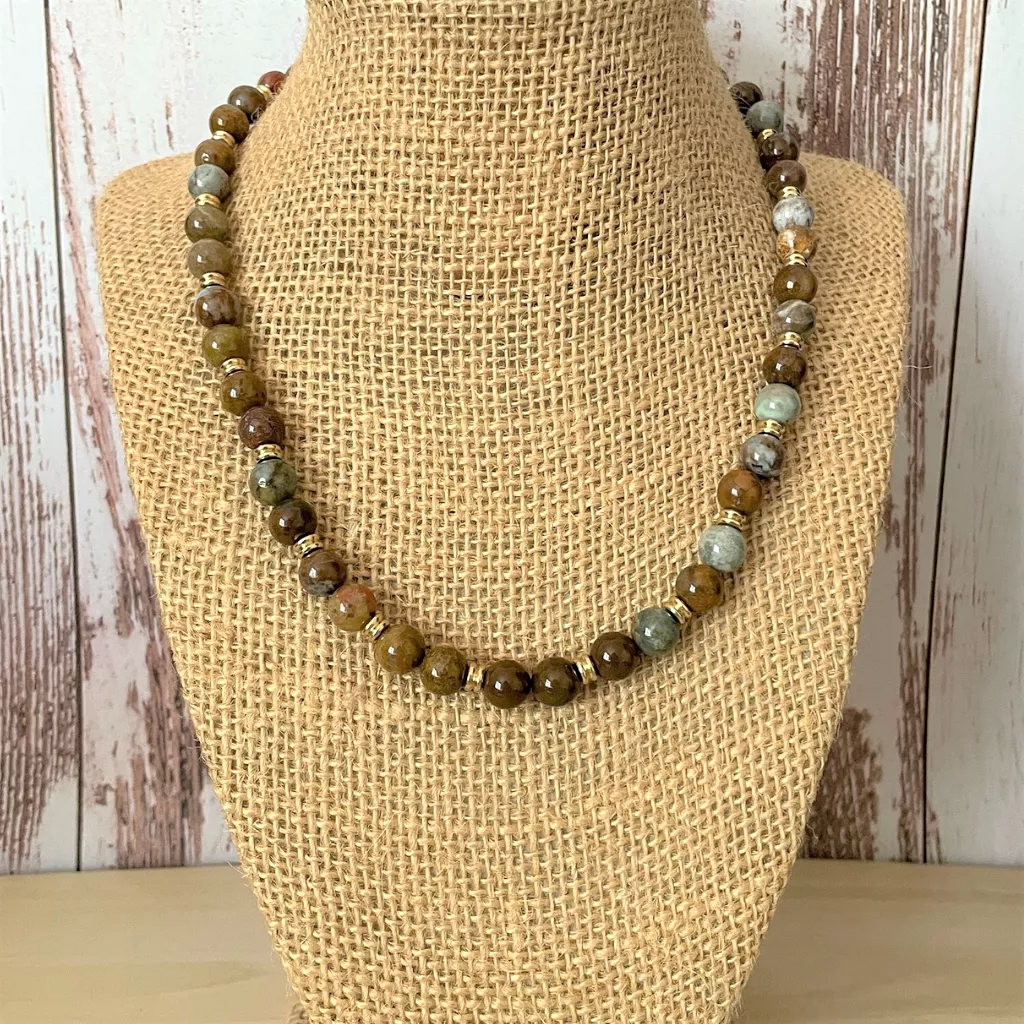 Mens African Green Opal Beaded Necklace