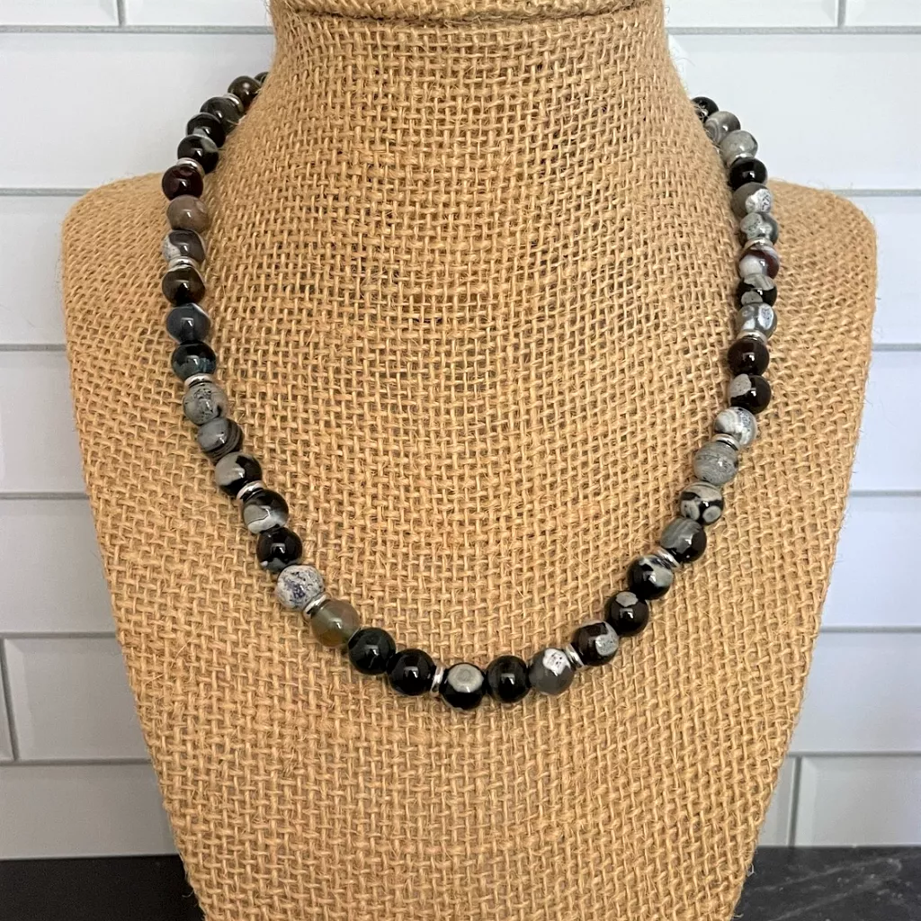 Mens Black Fire Agate Beaded Necklace