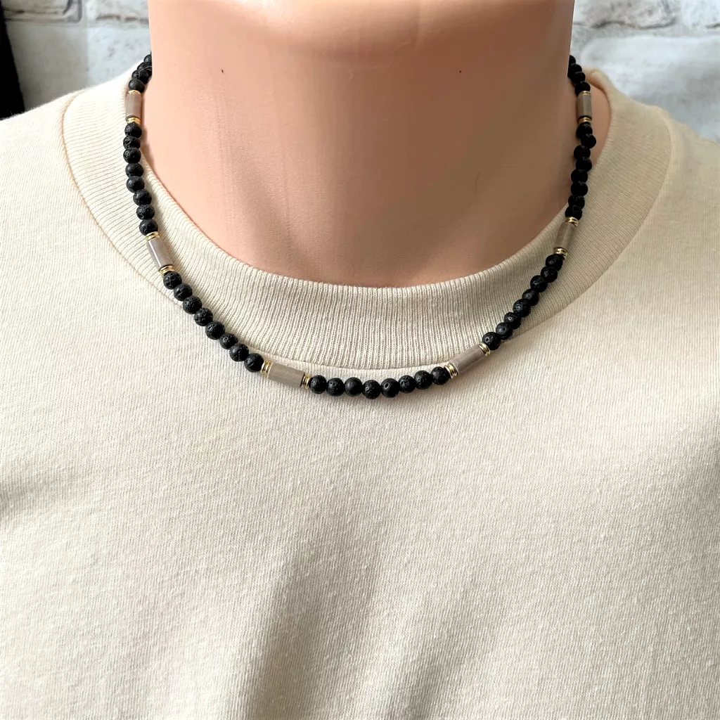 Mens Black Lava and Mushroom Agate Beaded Necklace