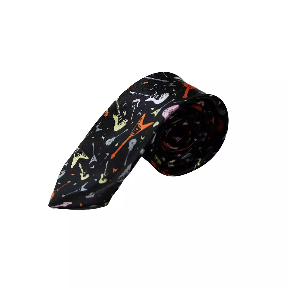 Mens Black With Coloured Guitars 5cm Skinny Neck Tie