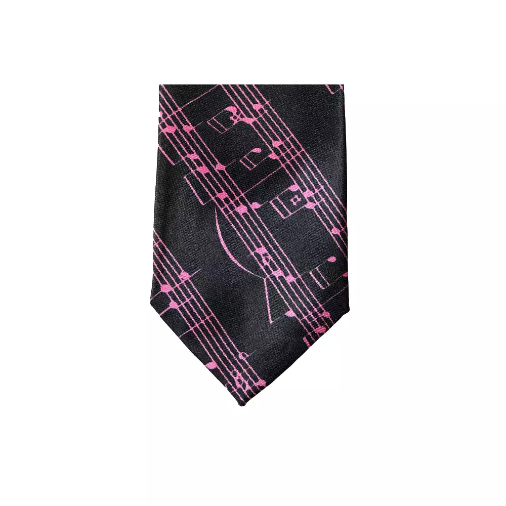 Mens Black With Pink Musical Notes 5cm Skinny Neck Tie